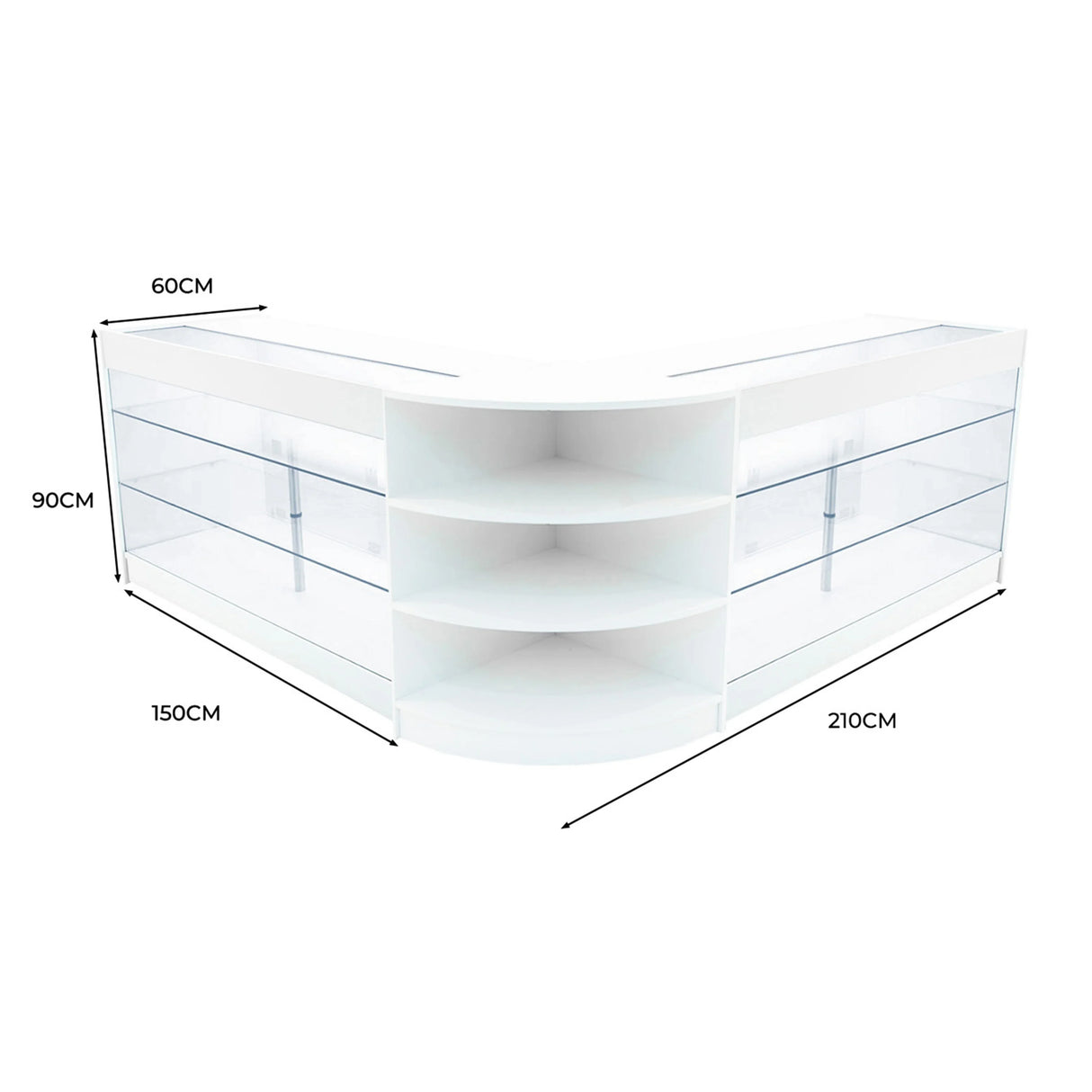 Curved white LED shop counter set with glass shelves, measuring 210cm x 150cm x 90cm, ideal for retail displays