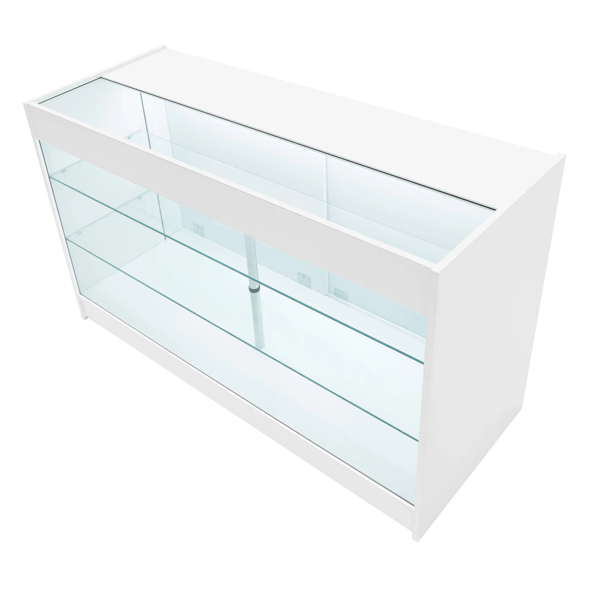 Sleek white Apollo LED shop counter set with glass shelves, featuring a modern design and bright LED lighting for display purposes