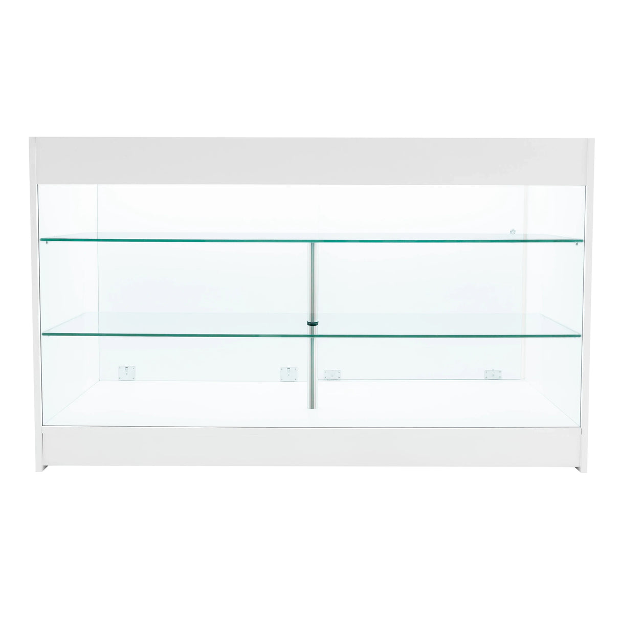 White Apollo LED shop counter set featuring a sleek design with glass shelves, perfect for displaying merchandise in retail spaces