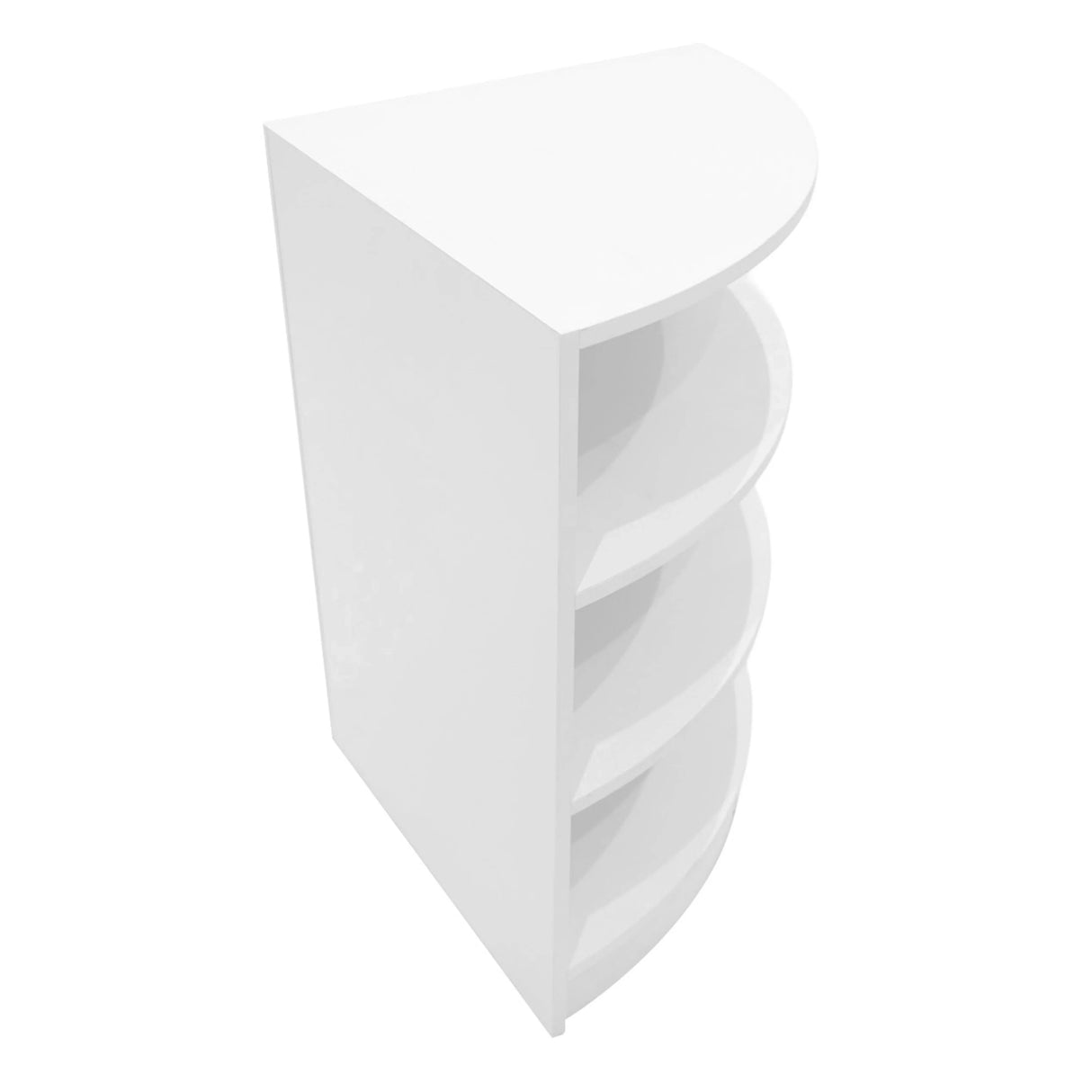 Sleek white Apollo LED shop counter set with curved design, featuring four open shelves for display and storage solutions