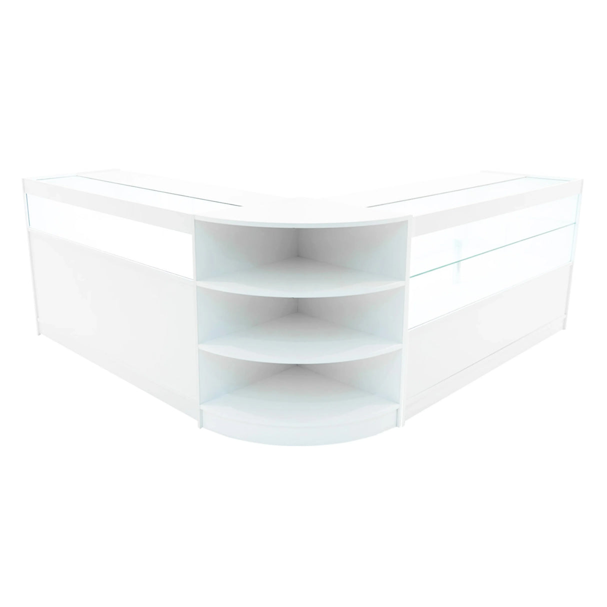Harmonia LED Shop Counter Set in white, featuring a sleek corner design with glass display shelves and a smooth finish