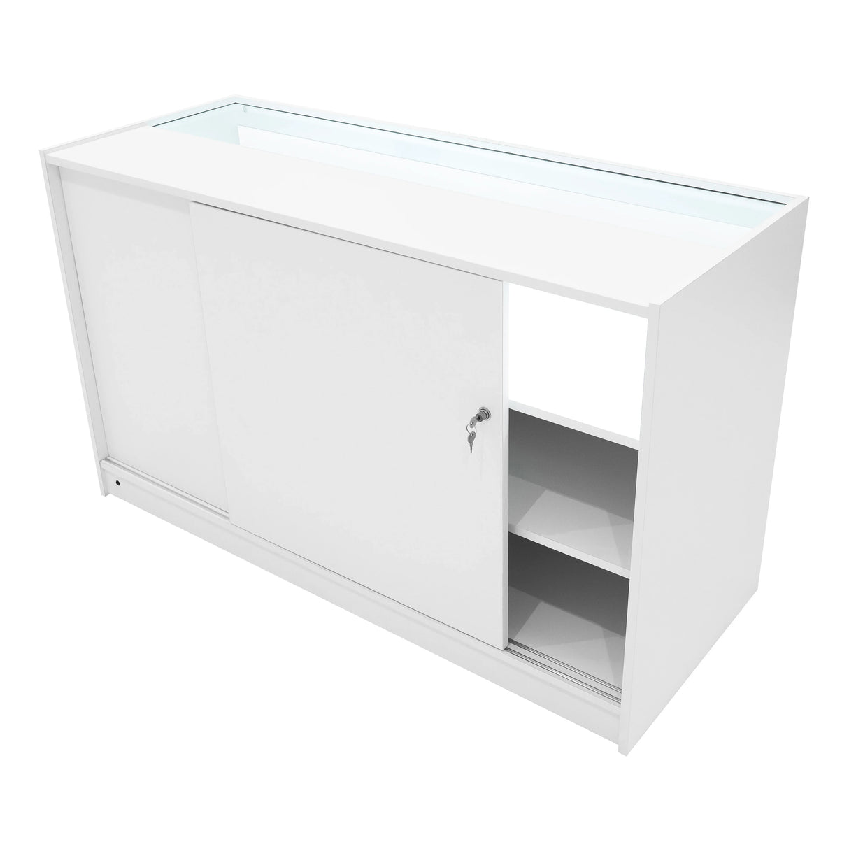 Harmonia LED shop counter set in white, featuring a sleek design, sliding door, glass top, and spacious storage compartments