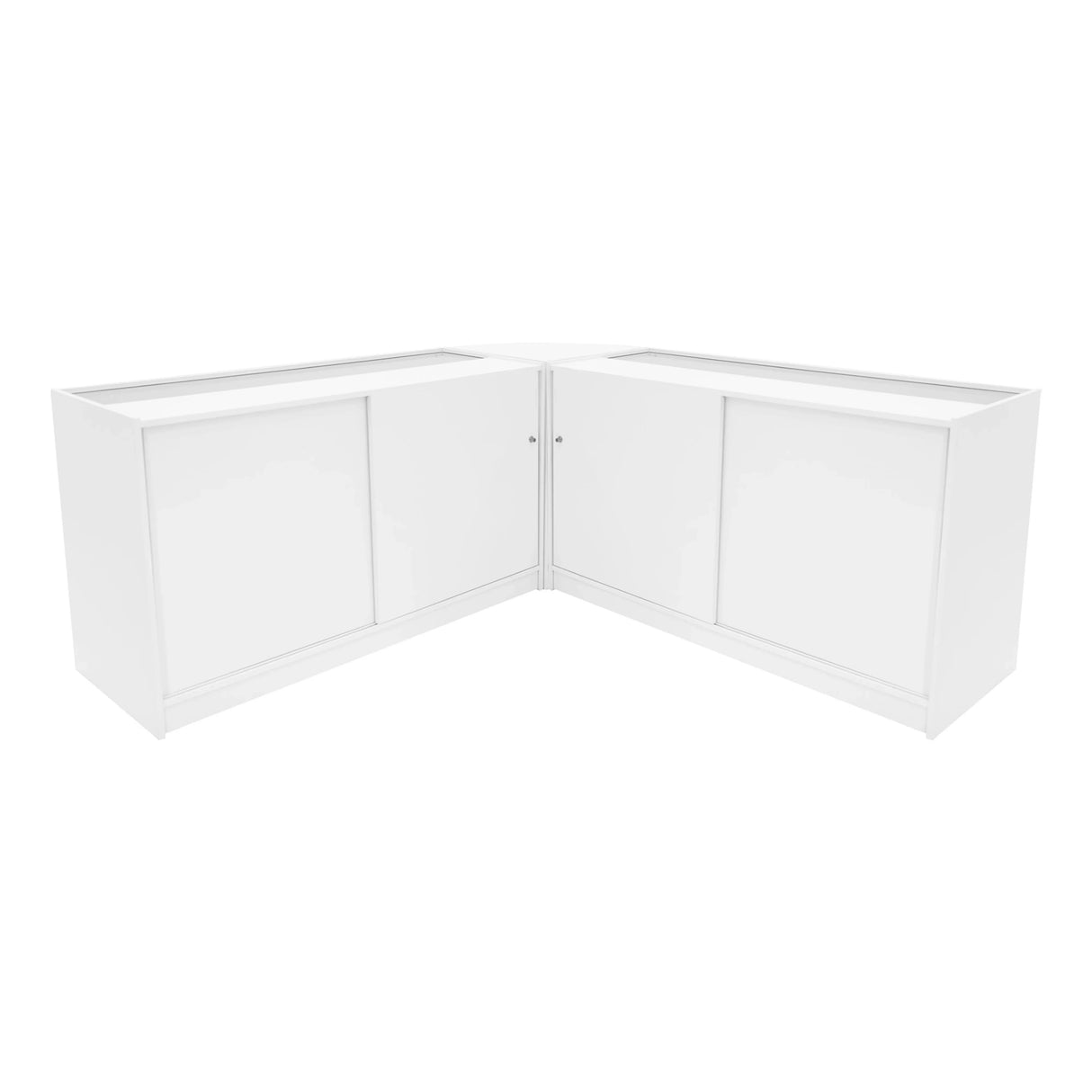 Harmonia LED Shop Counter Set in white, featuring sleek, modern design with smooth surfaces and sliding doors for easy access