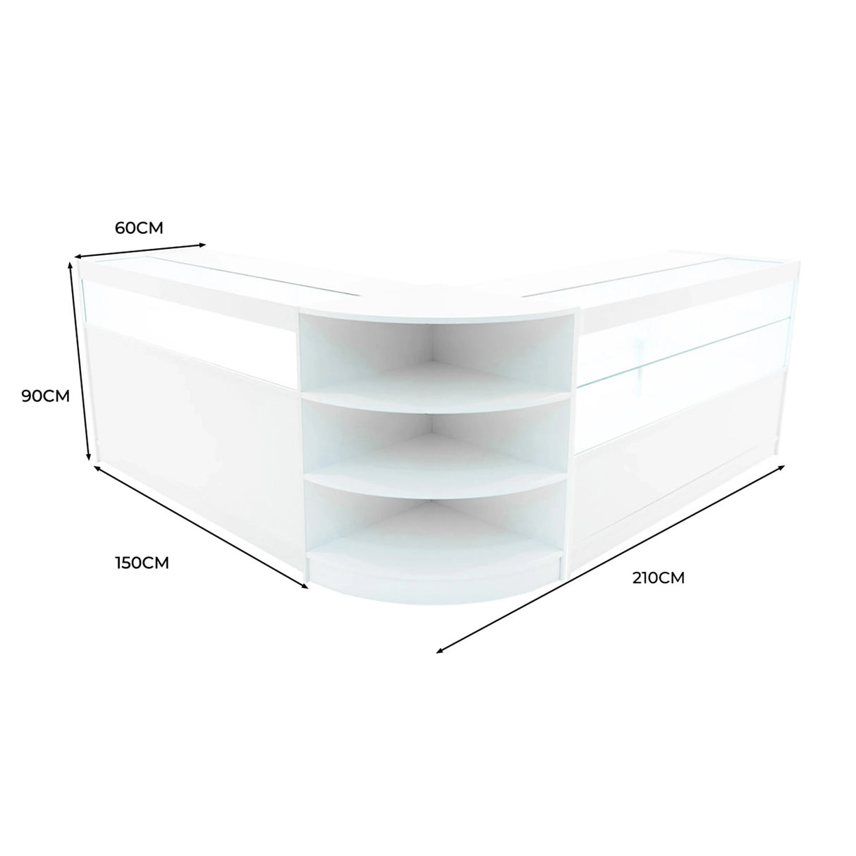 Harmonia LED Shop Counter Set in sleek white, featuring curved design, multiple shelves, and illuminated display areas, dimensions 210cm x 150cm x 90cm