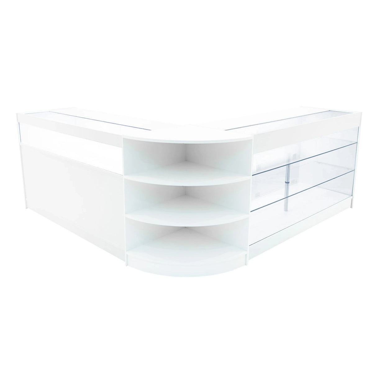 White Demeter LED shop counter set featuring a sleek, modern design with curved shelves and glass display sections for visibility