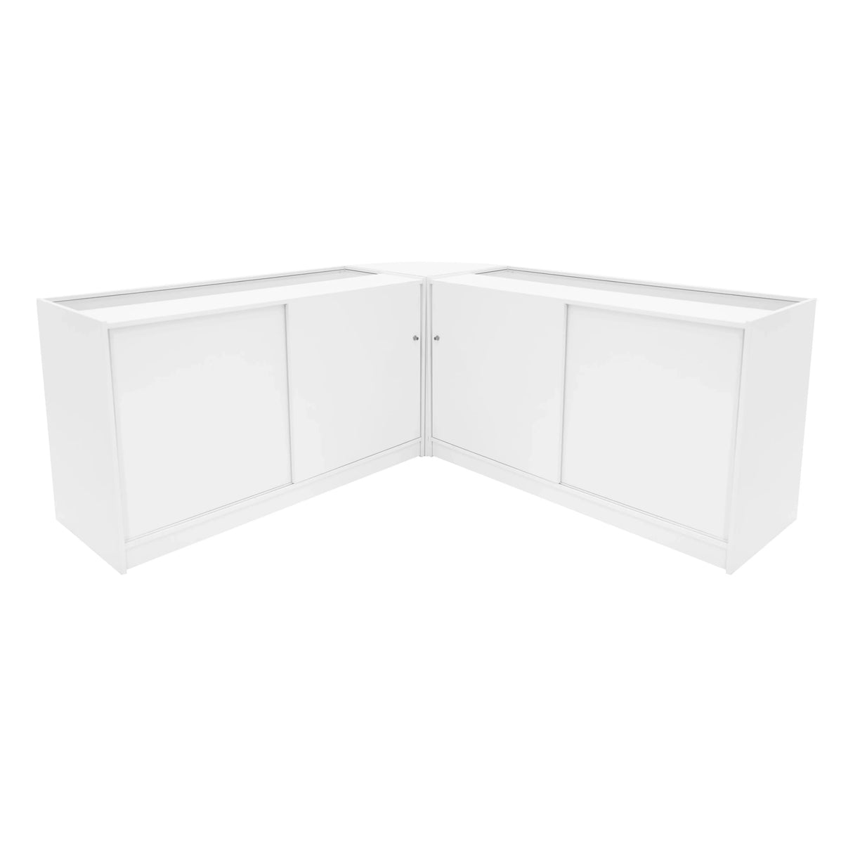 Demeter LED Shop Counter Set in white, featuring sleek design, smooth surfaces, and sliding doors for easy access and storage
