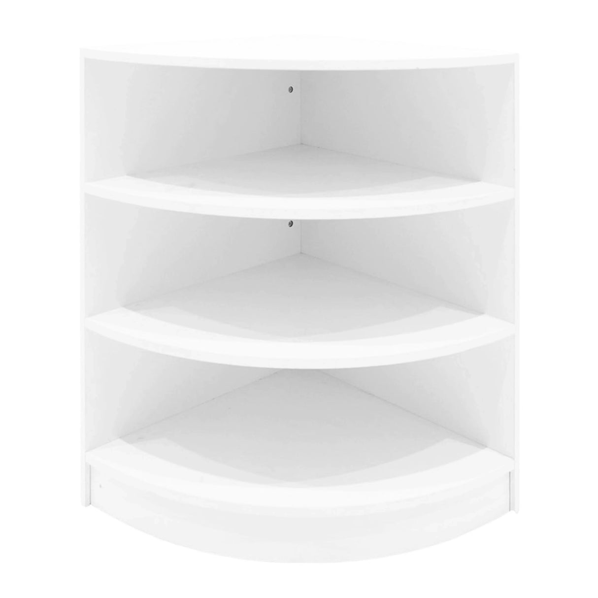White LED shop counter set featuring a curved design with four spacious shelves, ideal for retail display and organization