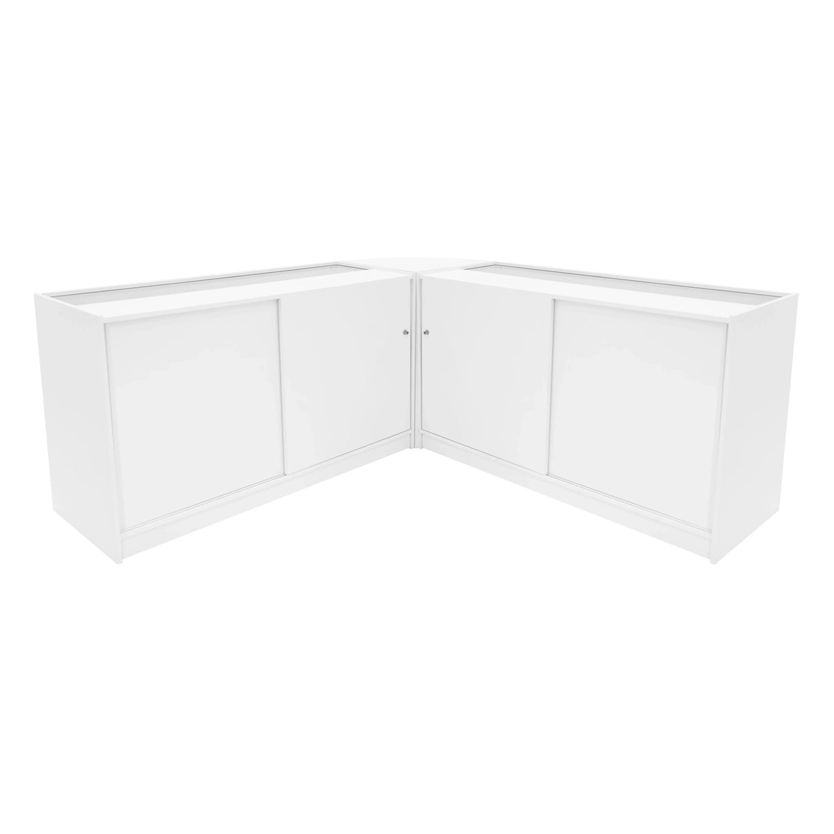 White Calliope LED shop counter set featuring sleek, modern design with sliding doors and a glossy finish, ideal for retail displays