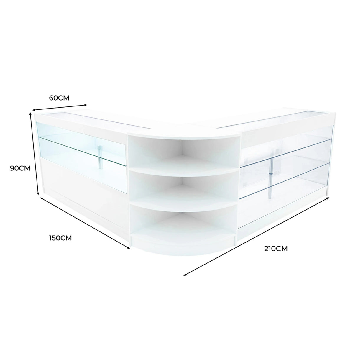 Curved white LED shop counter set with glass display shelves, measuring 210cm wide, 150cm long, and 90cm tall, ideal for retail spaces