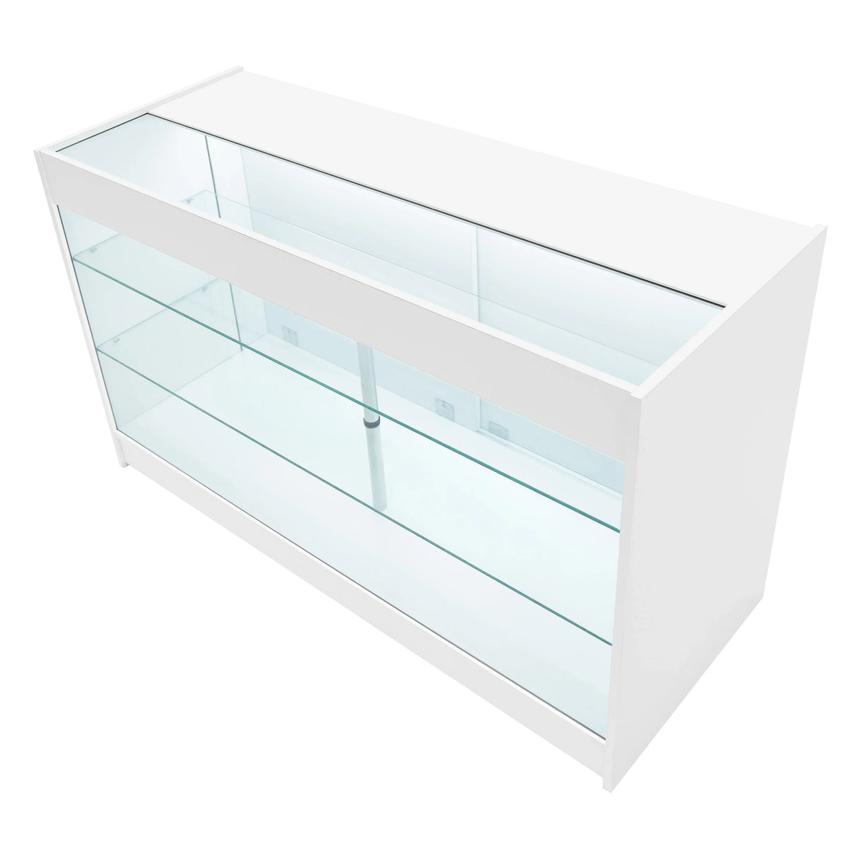 White LED shop counter set featuring sleek glass shelves, modern design, and illuminated display space for showcasing products