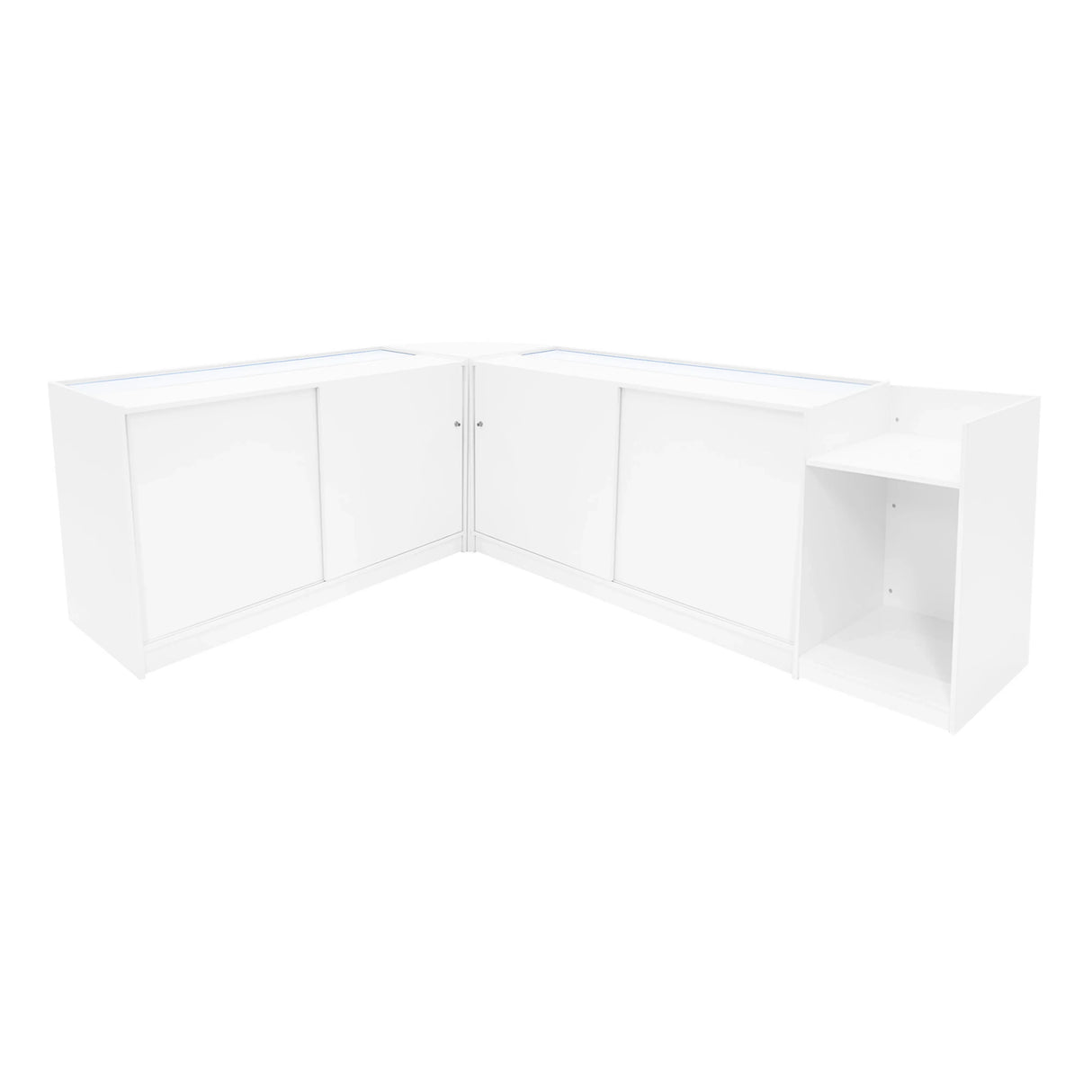 Luna LED Shop Counter Set in white, featuring sleek design with smooth surfaces, corner configuration, and integrated storage compartments