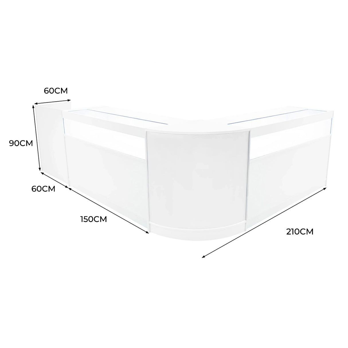 Luna LED Shop Counter Set in sleek white, featuring a modern curved design with dimensions of 60cm height and 210cm width