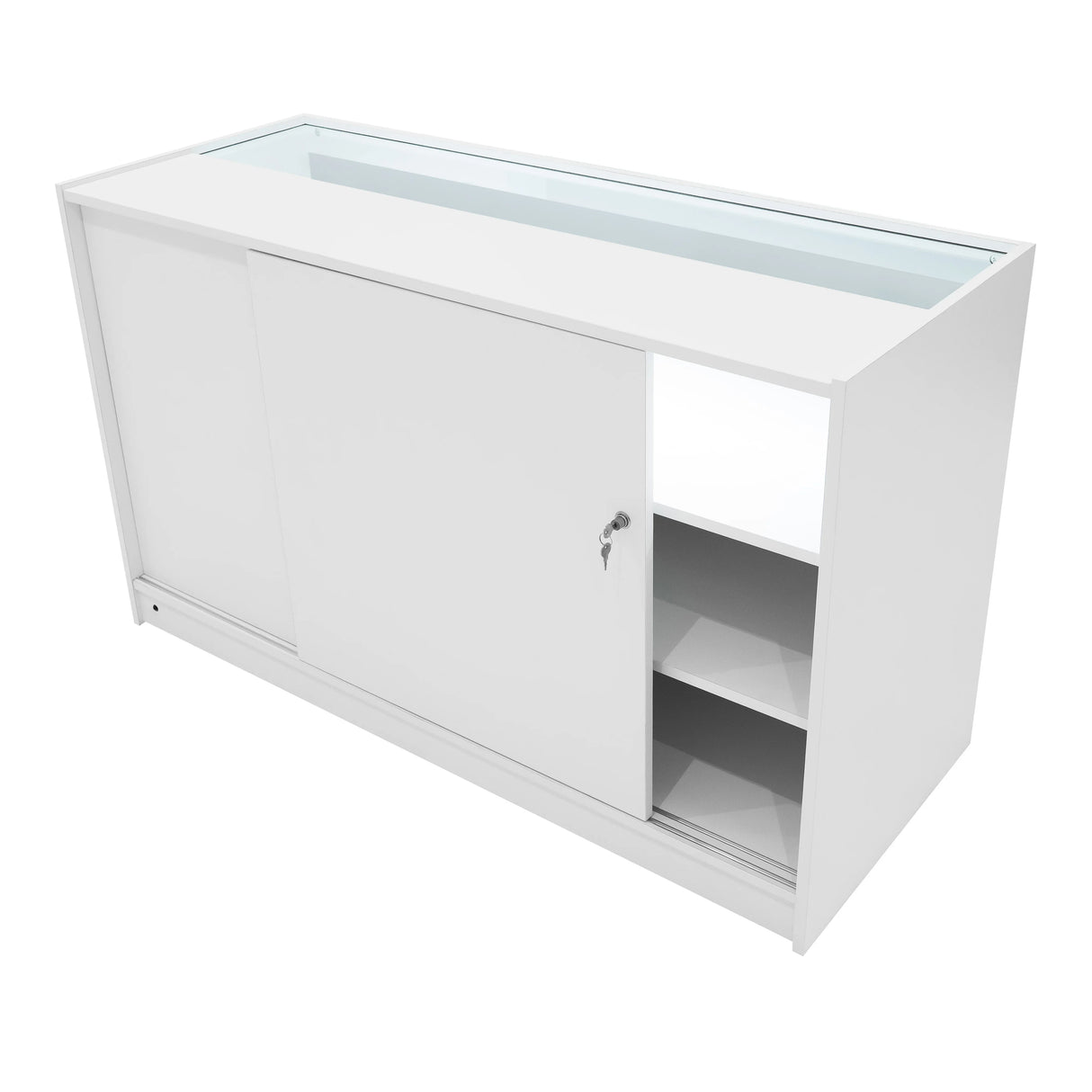 White Phoenix LED shop counter set featuring sleek design, sliding door, glass top, and spacious interior shelves for storage