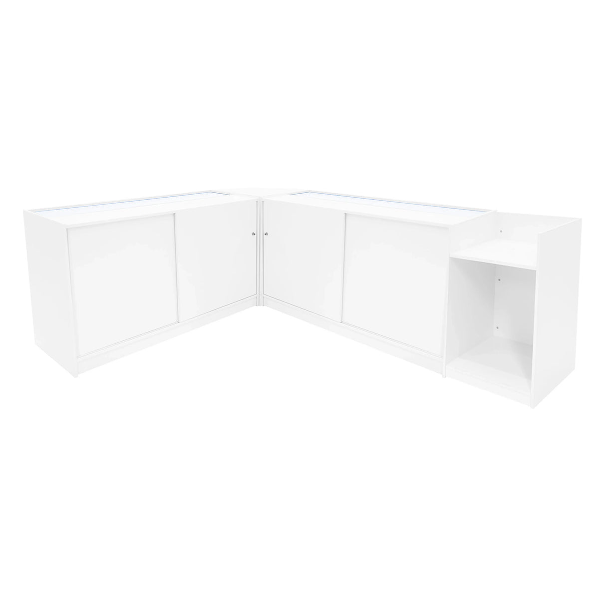 White Phoenix LED Shop Counter Set featuring sleek design with two display cabinets and an open shelf, ideal for retail spaces