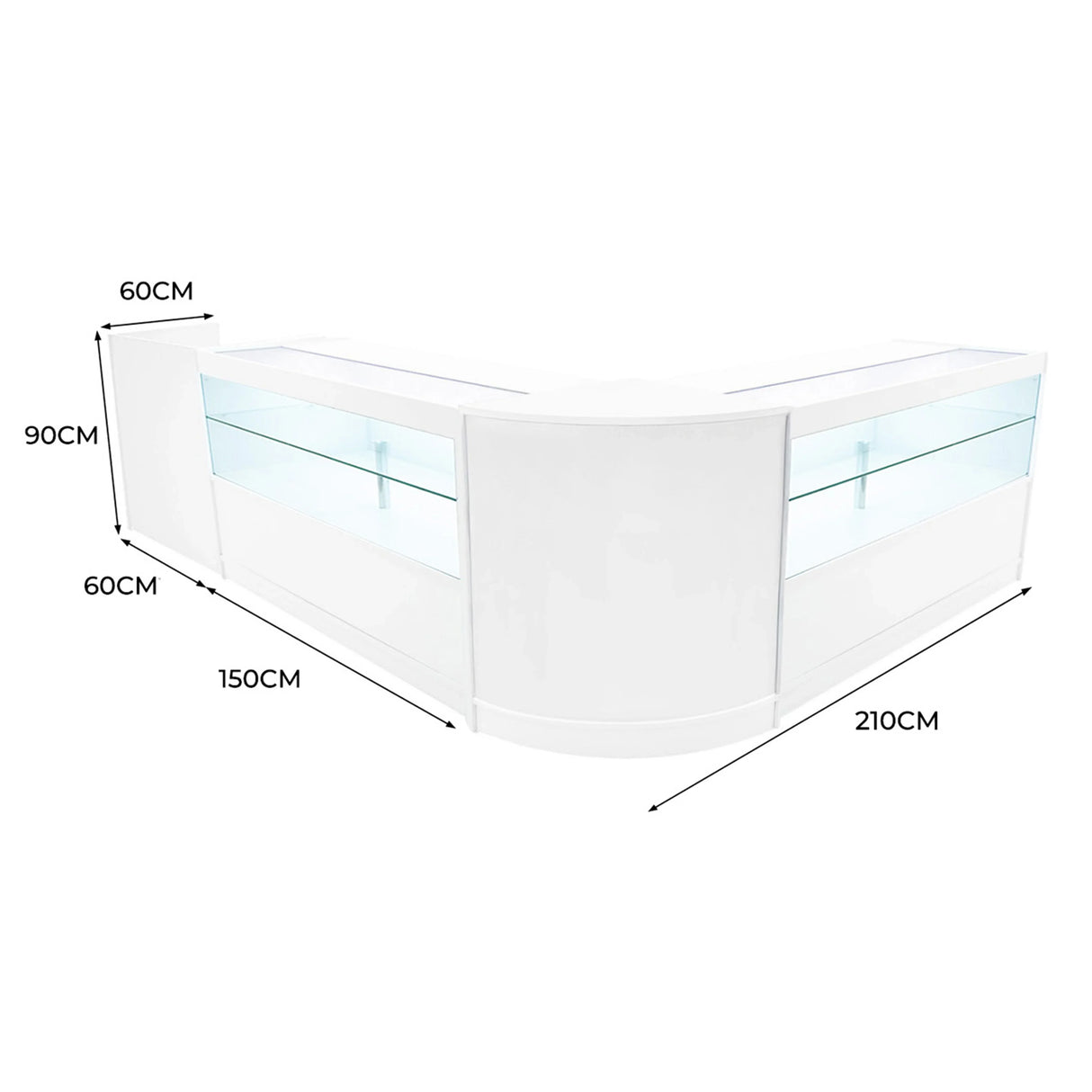 Curved white LED shop counter set featuring glass display shelves, measuring 210cm wide, 90cm high, and 60cm deep