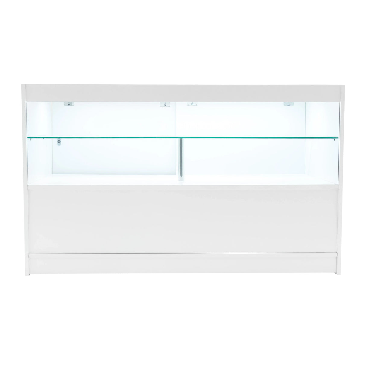 White Phoenix LED shop counter set featuring sleek design, glass shelves, and integrated lighting for enhanced display visibility