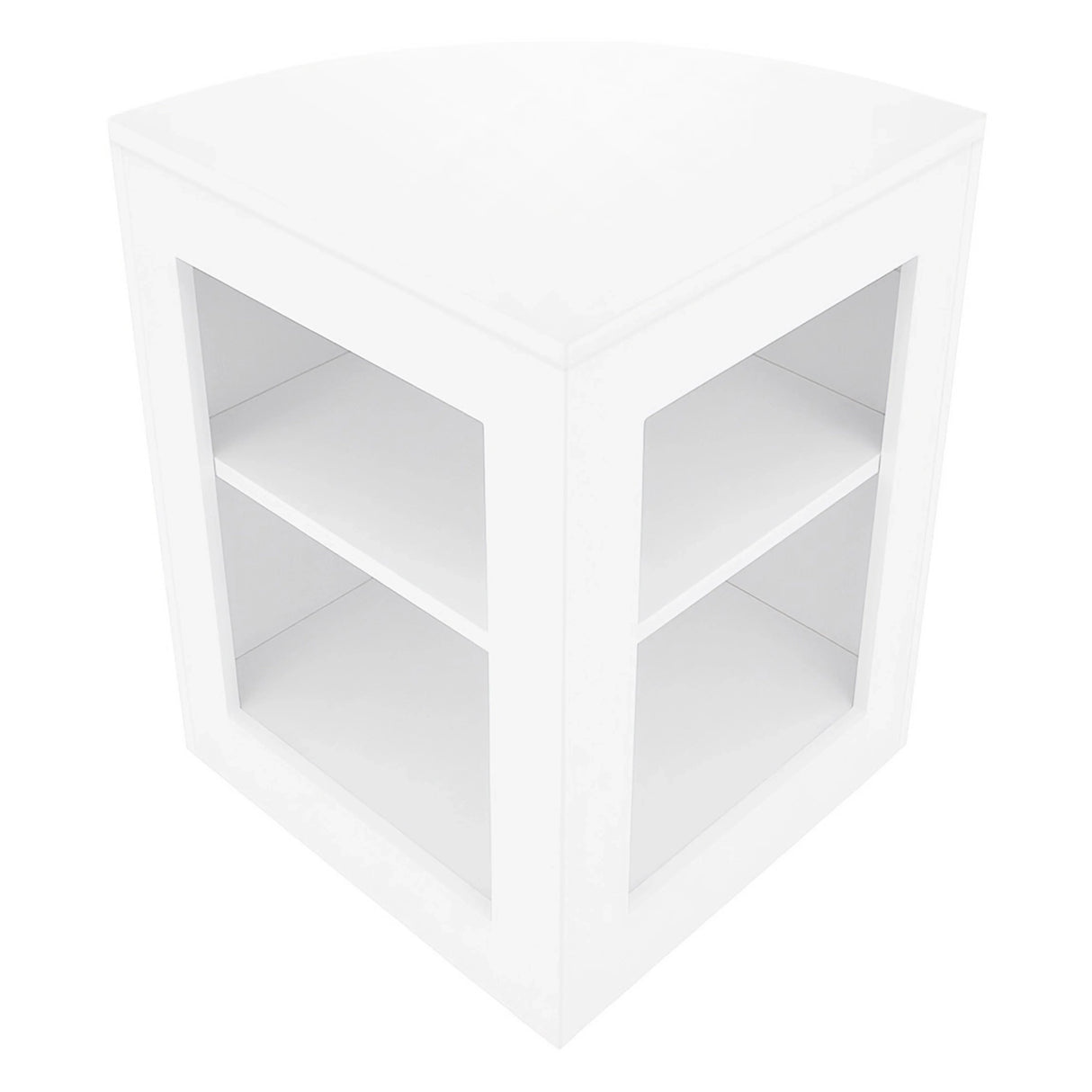 White corner display counter with two open shelves, sleek design, smooth finish, ideal for showcasing products in retail settings