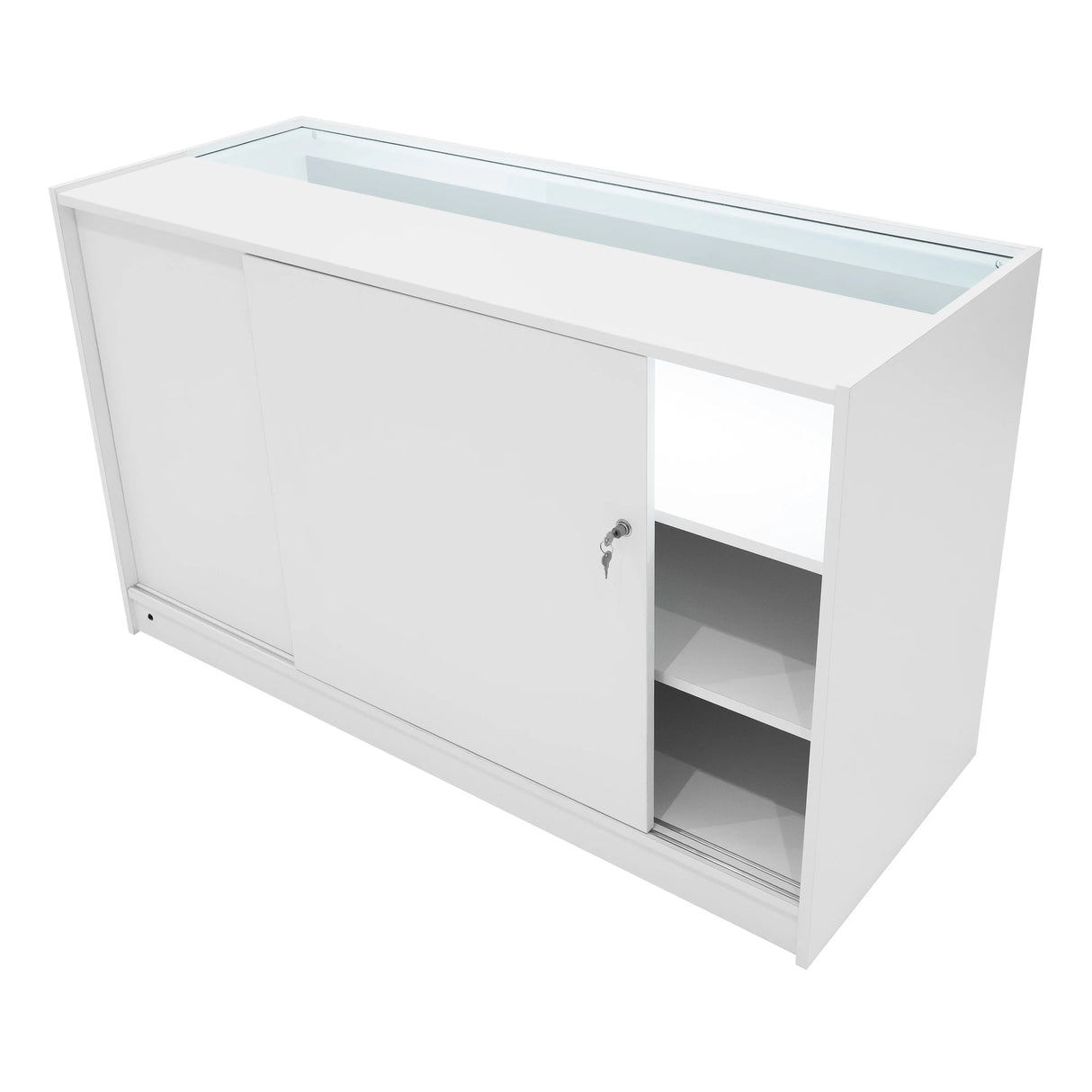 White Aries LED shop counter set featuring sliding doors, glass display top, and spacious interior shelves for organized storage