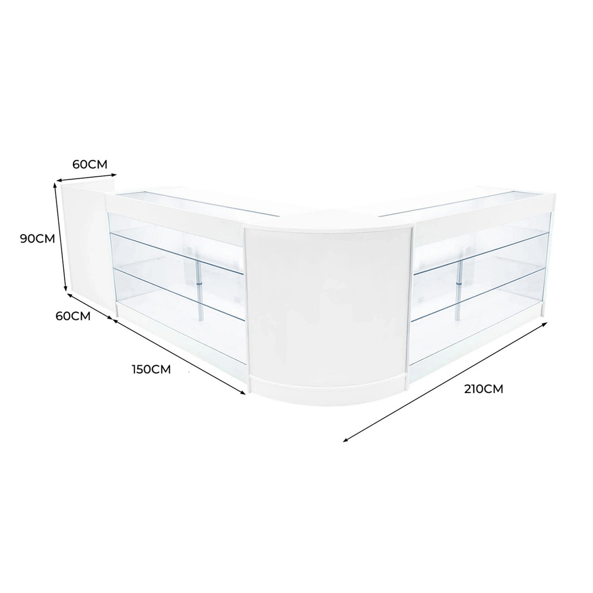 White Aries LED shop counter set featuring sleek glass displays, curved edges, and ample storage space, ideal for retail environments