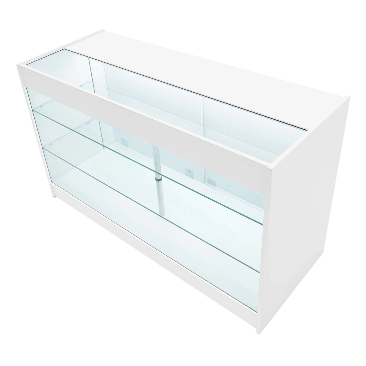 White Aries LED shop counter set featuring sleek glass shelves and a modern design, ideal for retail displays and merchandise storage