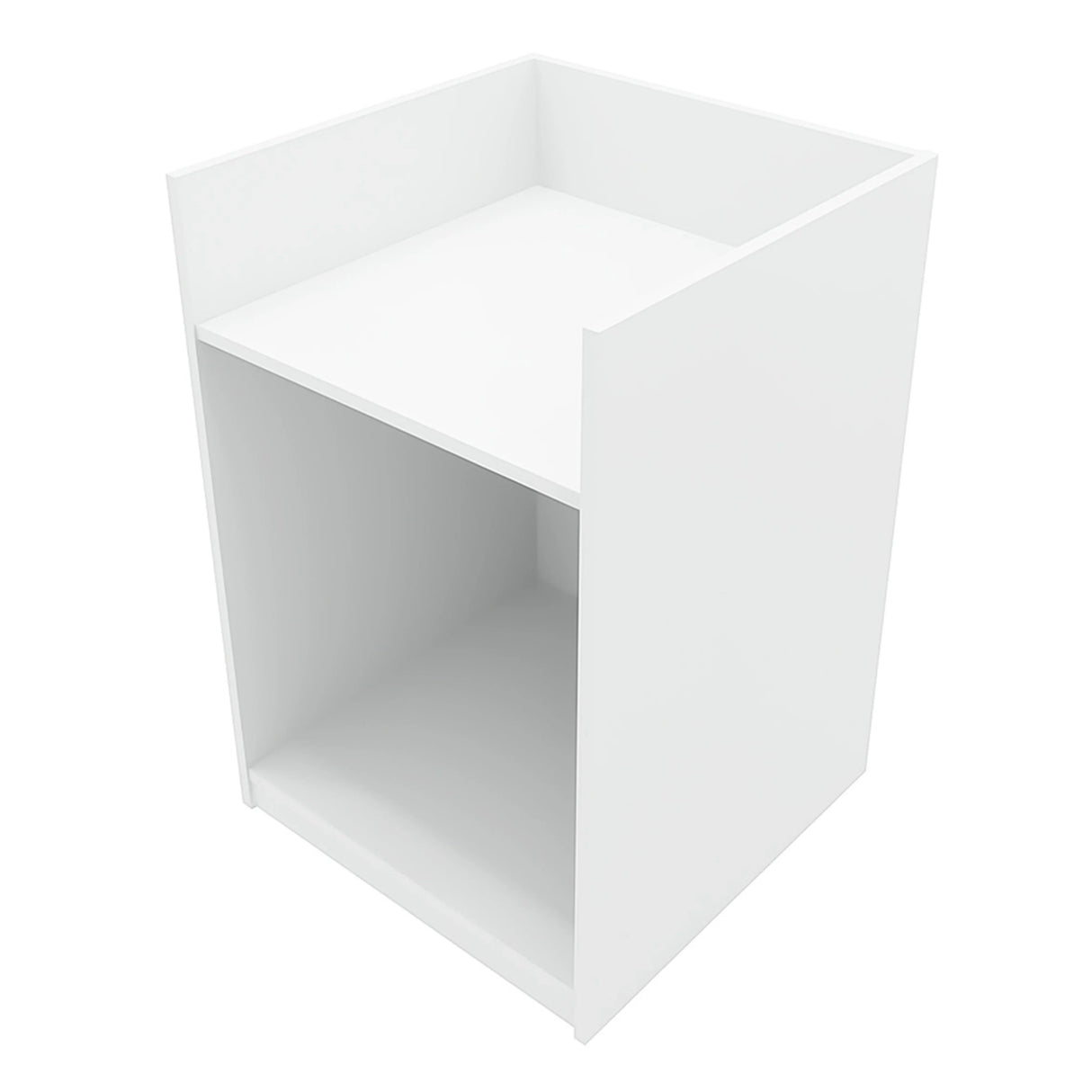 White Aries LED shop counter with a sleek, modern design, featuring a spacious top surface and open storage area below