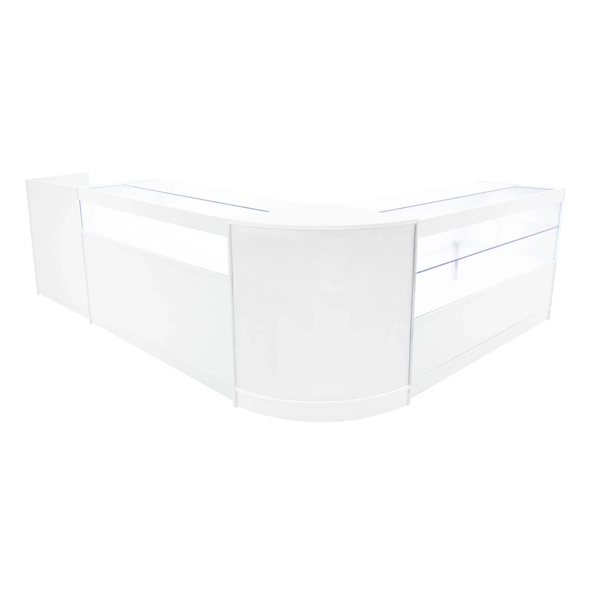 White Gravity LED Shop Counter Set featuring sleek design, smooth surfaces, and integrated lighting for a modern retail display