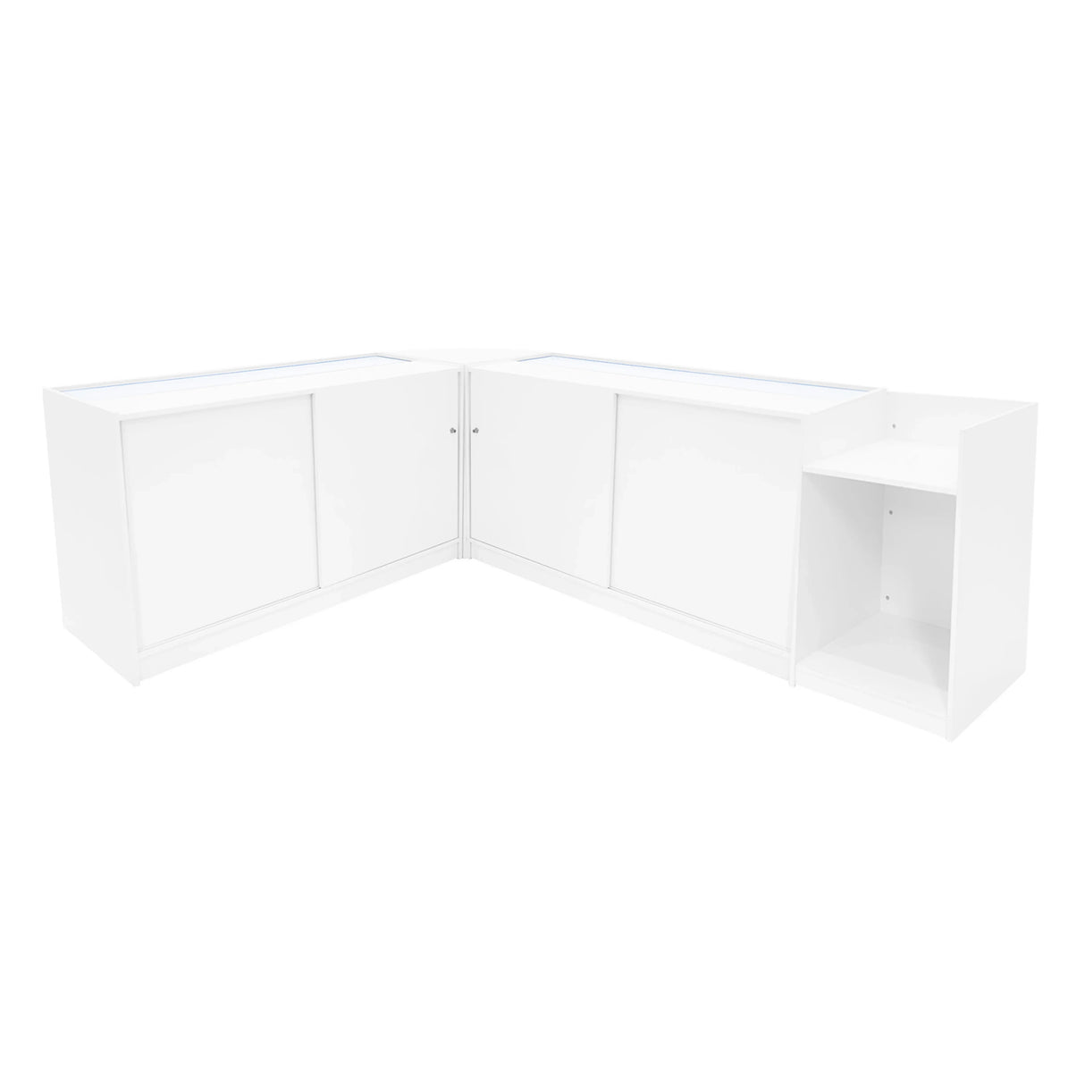 White Gravity LED Shop Counter Set featuring sleek design, smooth surfaces, and ample storage with a modern corner layout