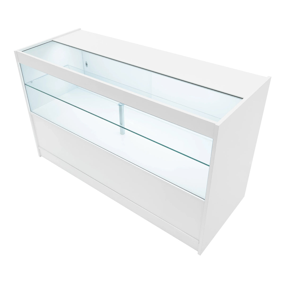 Gravity LED Shop Counter Set in white, featuring a sleek design with glass shelves and a smooth finish, ideal for retail displays
