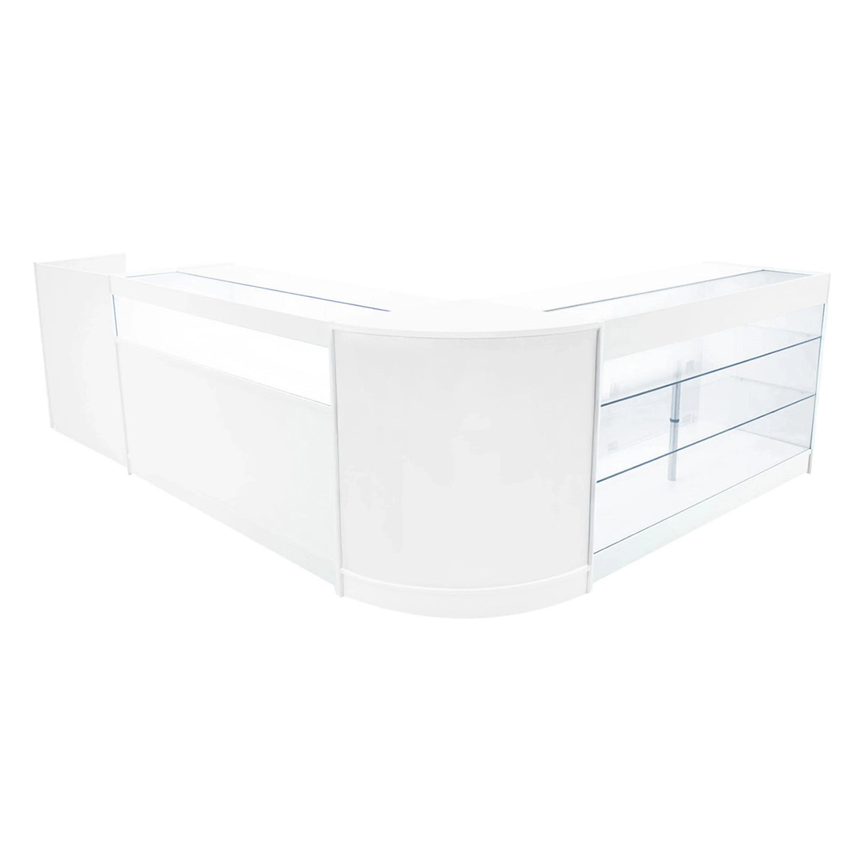 Polaris LED Shop Counter Set in white features sleek design, glass display shelves, and a modern, curved shape for retail spaces