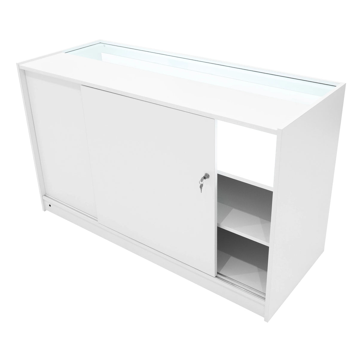 Polaris LED shop counter set in white, featuring a sleek design, sliding door, glass top, and open storage space for display items