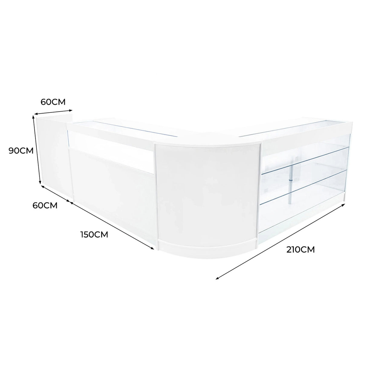 Polaris LED Shop Counter Set in sleek white, featuring curved edges, glass display shelves, and modern design, dimensions 210x150x90 cm