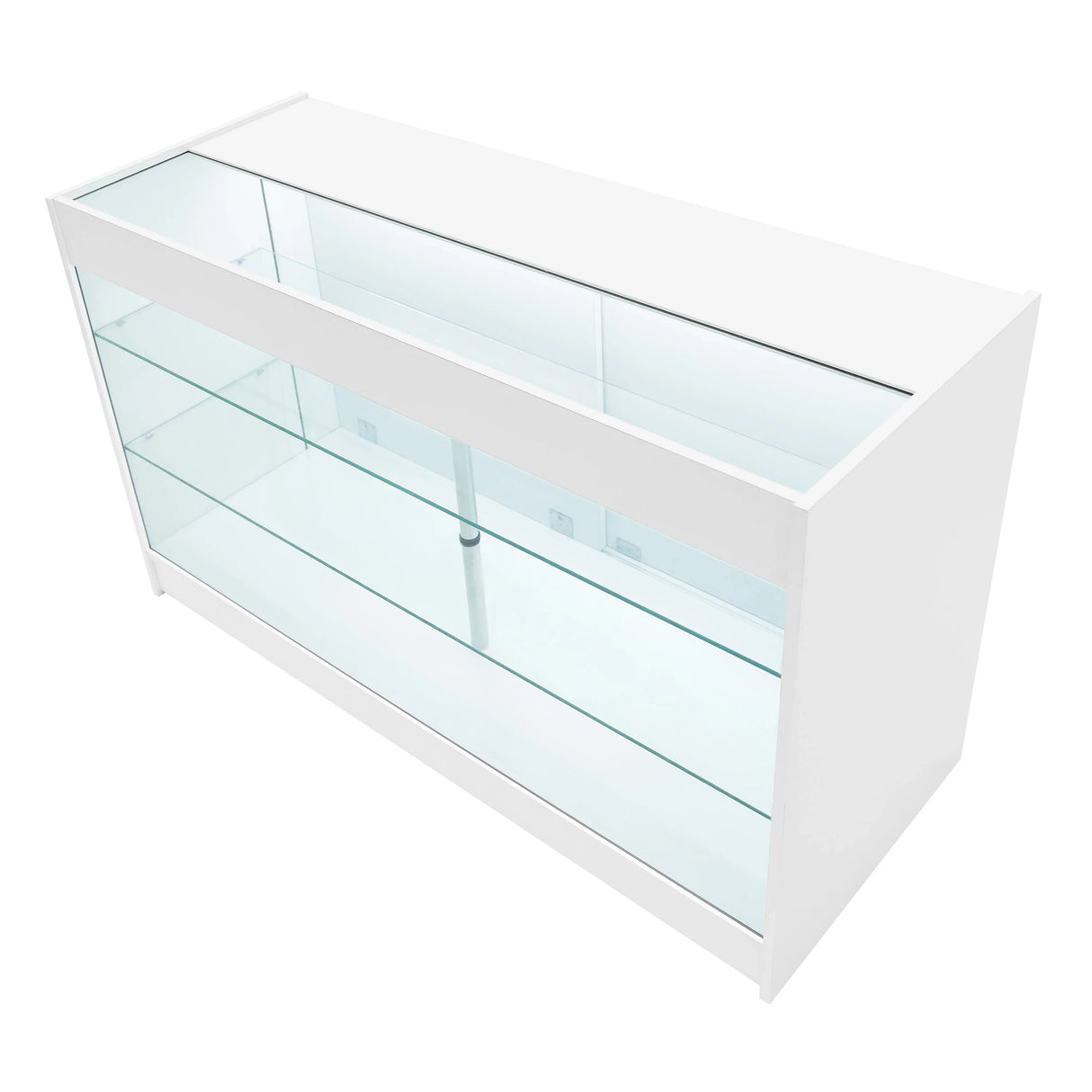 Polaris LED shop counter set in white, featuring a sleek design with glass shelves and a modern, minimalist aesthetic