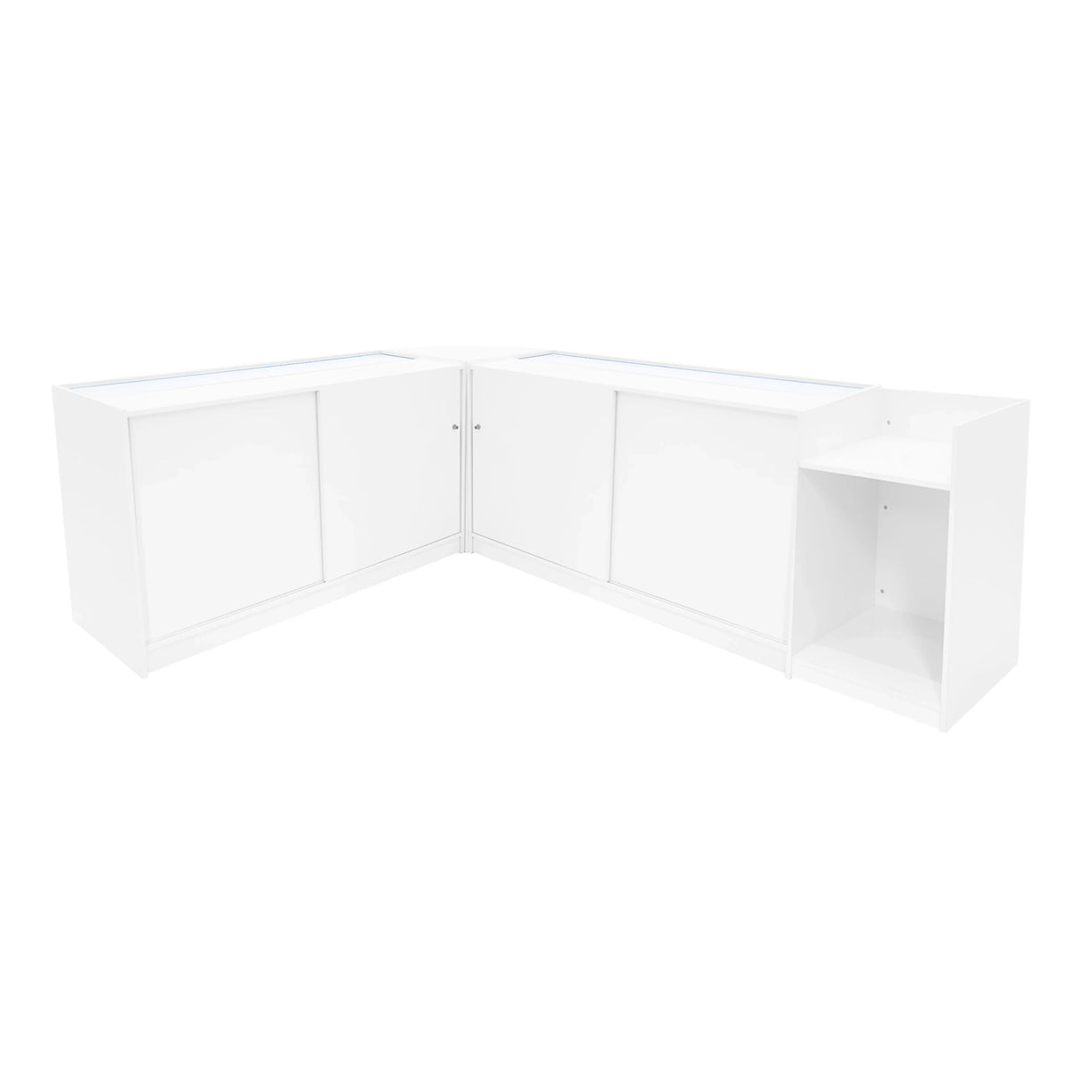 Vega LED Shop Counter Set in white, featuring sleek design, smooth surfaces, and ample storage with glass display tops