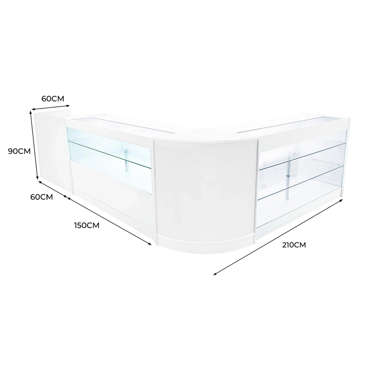 Vega LED Shop Counter Set in white features a sleek, modern design with glass display shelves and curved edges, measuring 210cm x 90cm x 60cm