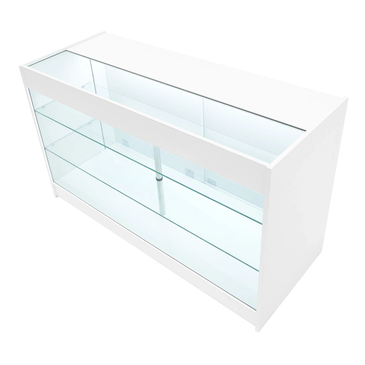 Vega LED Shop Counter Set in white, featuring sleek glass shelves, modern design, and illuminated display for showcasing products