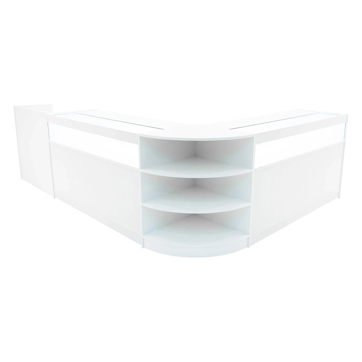 White Sagittarius LED Shop Counter Set featuring sleek design, curved edges, and multiple shelves for organized display storage