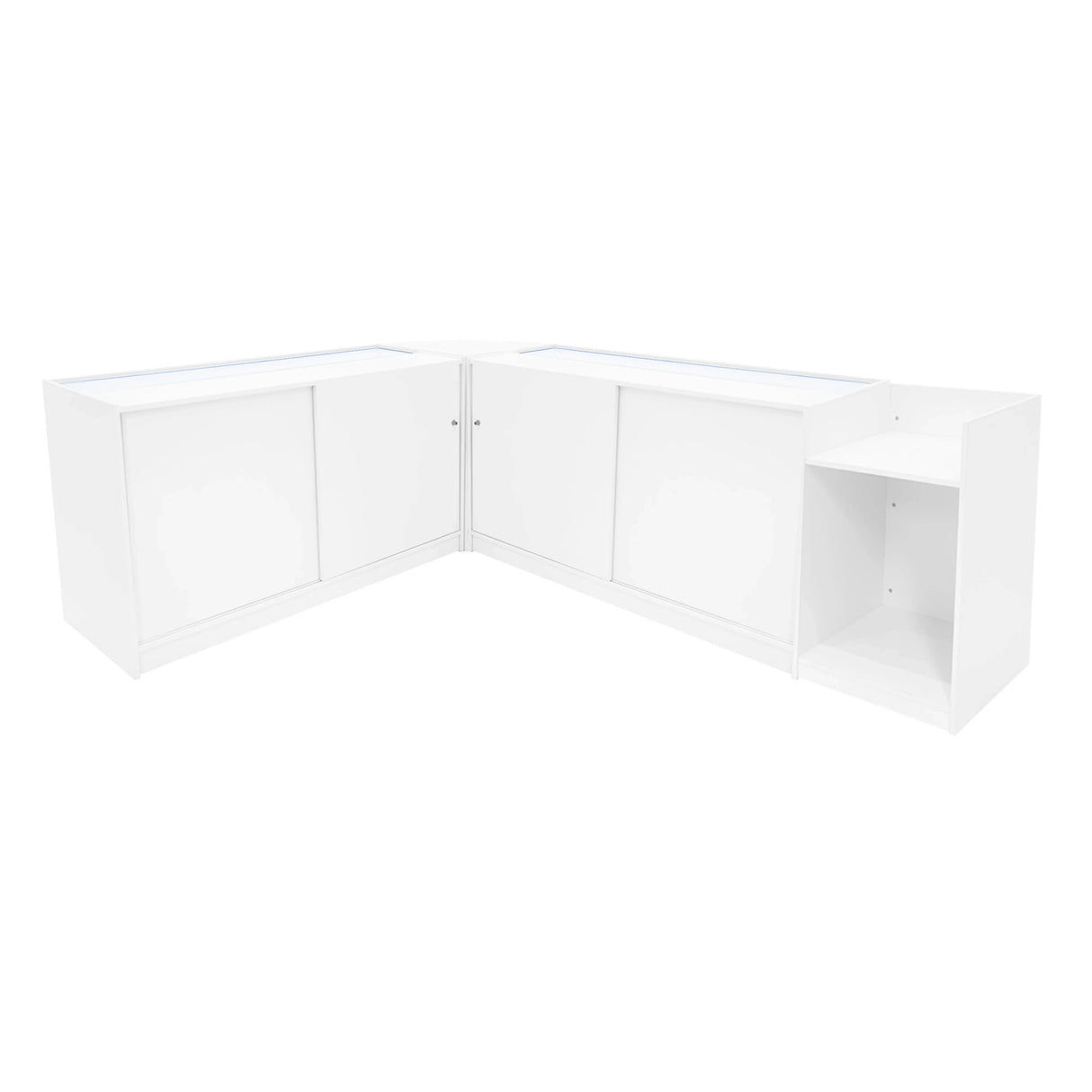 White Sagittarius LED shop counter set featuring sleek design, smooth surfaces, and ample storage with glass display tops