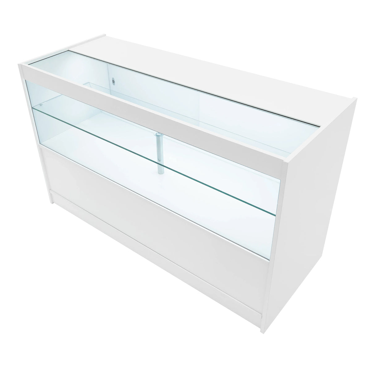 Eclipse LED shop counter set in white, featuring sleek glass shelves, modern design, and ample display space for products