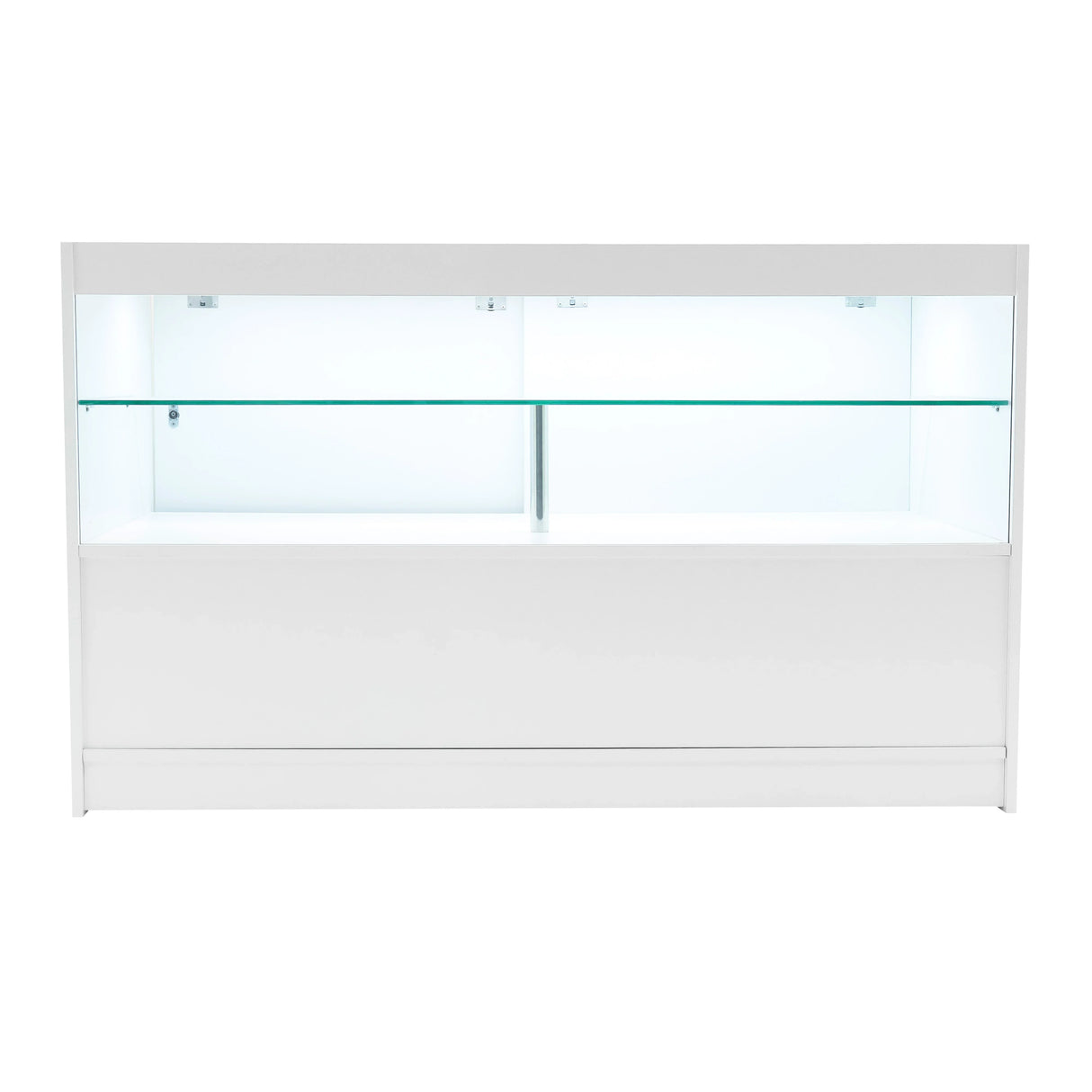 Sleek white Eclipse LED shop counter set featuring a glass display shelf and modern design, ideal for retail environments