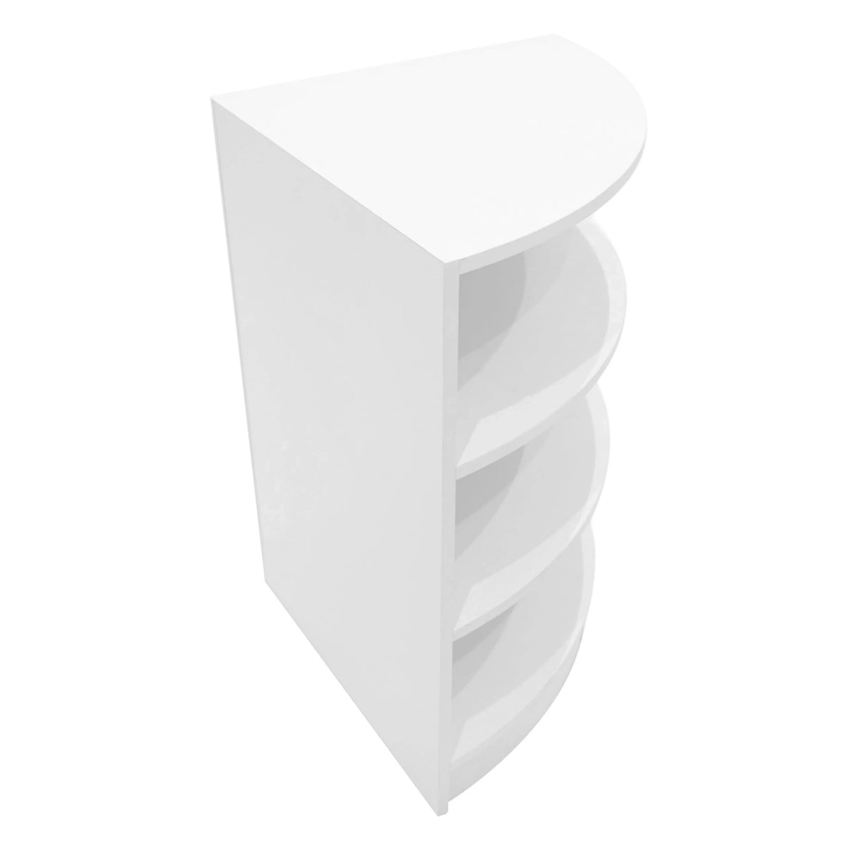 Eclipse LED Shop Counter Set in white featuring a sleek, curved design with four open shelves for display and storage