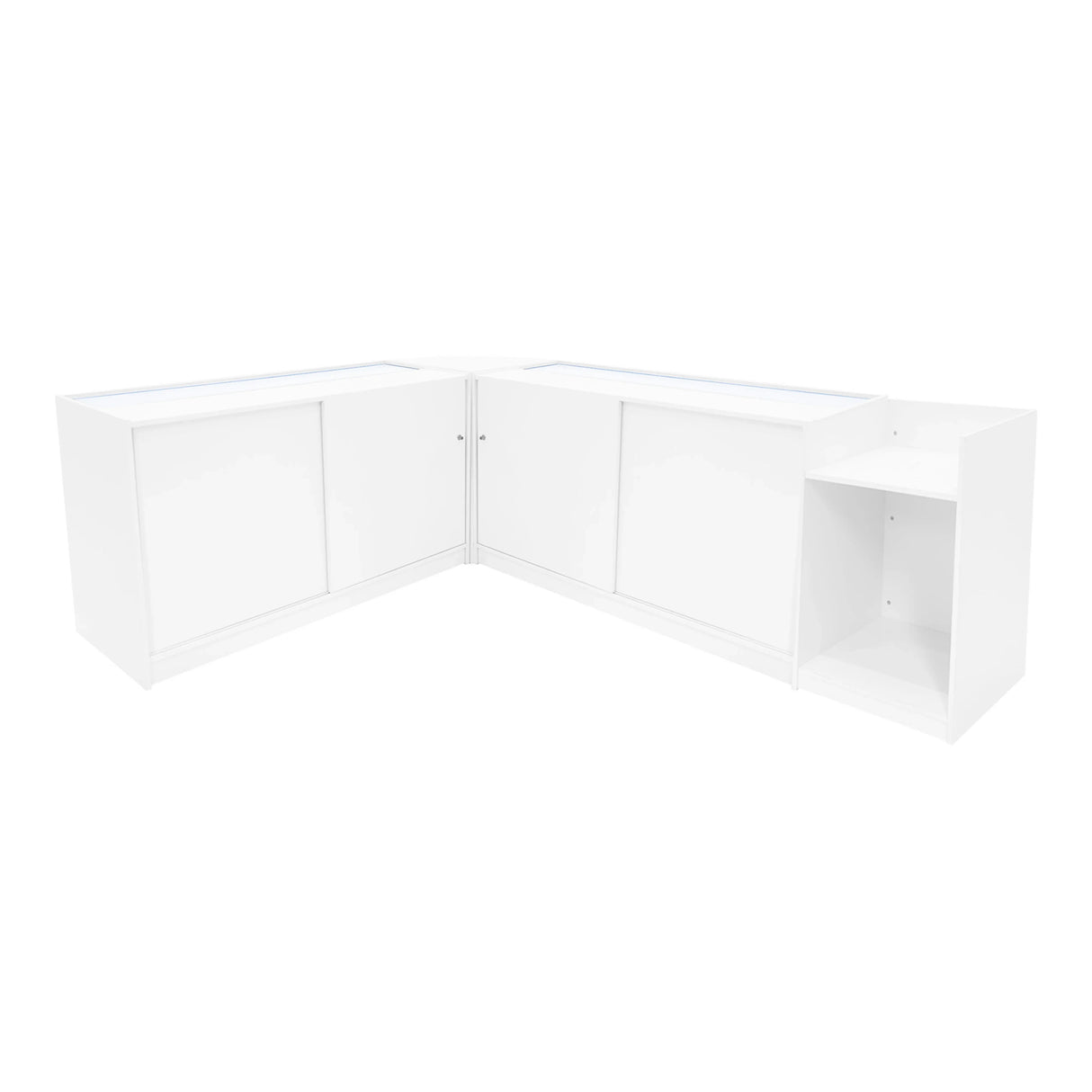 Astro LED Shop Counter Set in white, featuring sleek design with smooth surfaces, storage cabinets, and a modern corner layout