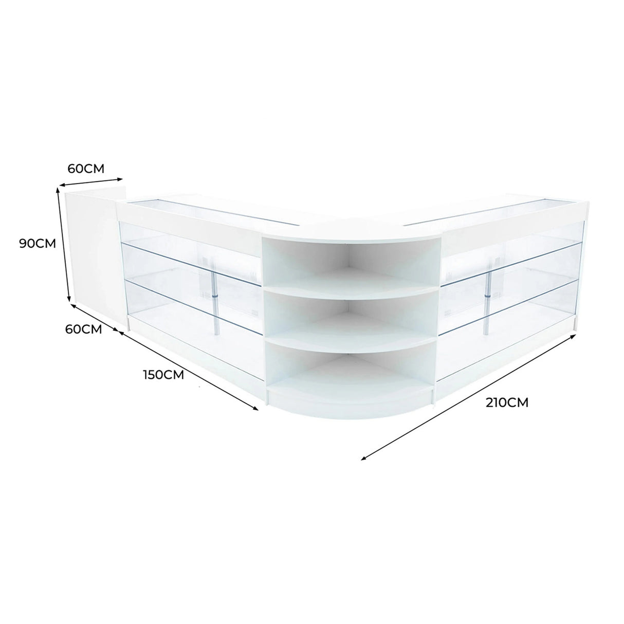 Curved white Astro LED shop counter set with glass shelves, measuring 210cm wide, 90cm high, and 60cm deep, ideal for retail displays
