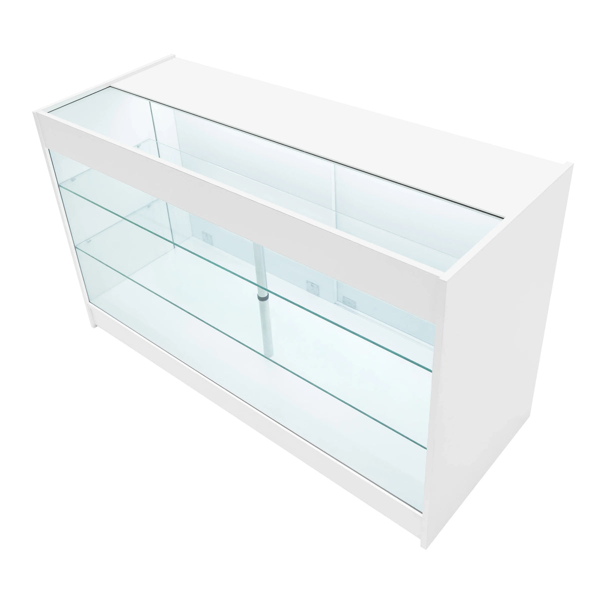 Astro LED Shop Counter Set in white with glass shelves, featuring a sleek design and modern aesthetic for retail displays