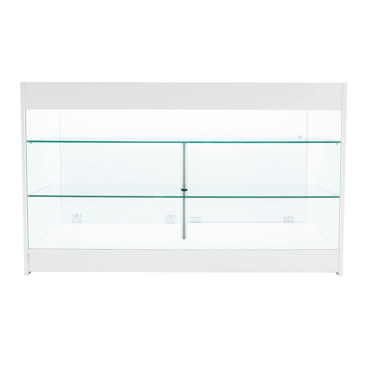 Astro LED Shop Counter Set in white with sleek glass shelves, featuring modern design and bright LED lighting for display purposes