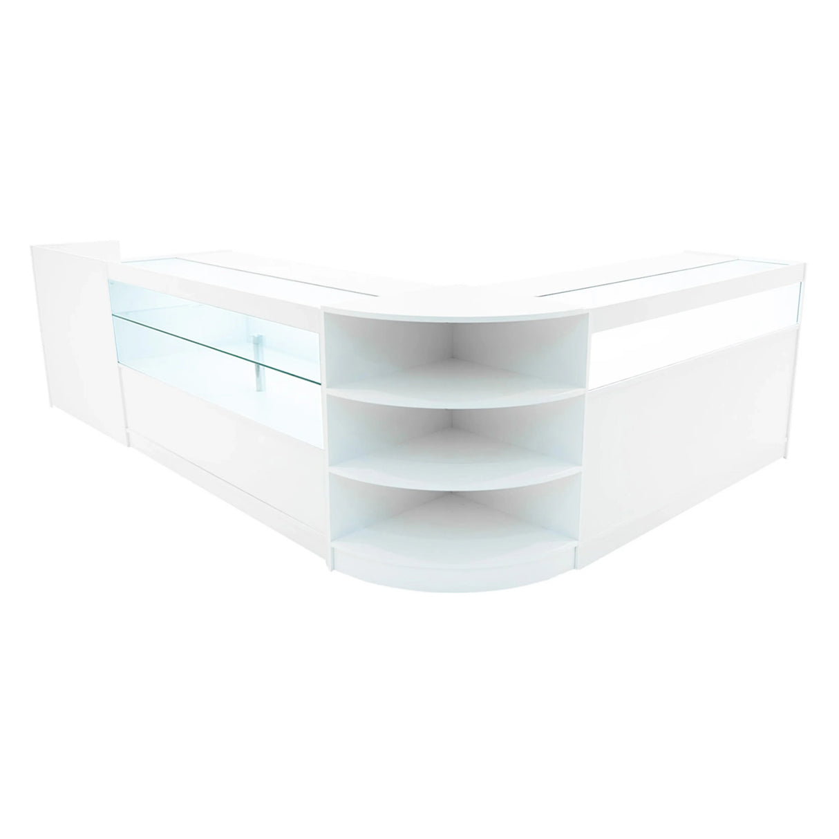 Europa LED Shop Counter Set in white features sleek design with curved edges, glass display shelves, and ample storage space