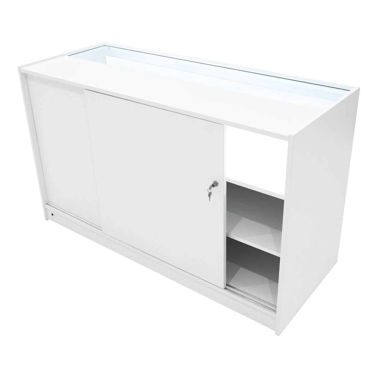 Sleek white LED shop counter set featuring sliding doors, glass top, and open shelving for organized display and storage