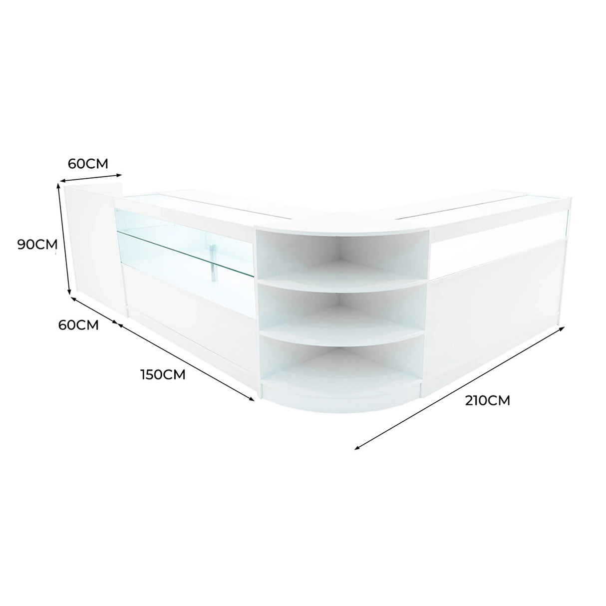 Curved white LED shop counter set with glass display, shelves, and sleek design, measuring 210cm wide, 90cm high, and 60cm deep