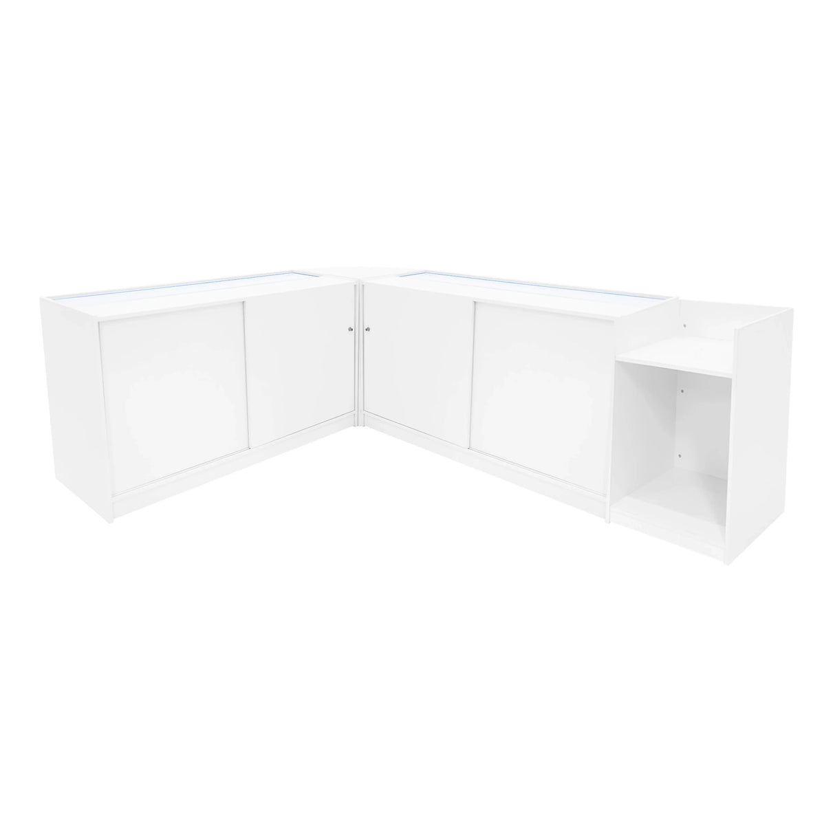 Corner display counter set in sleek white finish, featuring two cabinets and a side shelf, ideal for retail or exhibition use