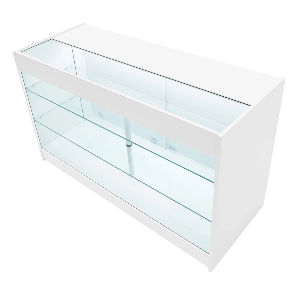 Hyperion LED shop counter set in white, featuring sleek glass shelves, modern design, and illuminated display for products