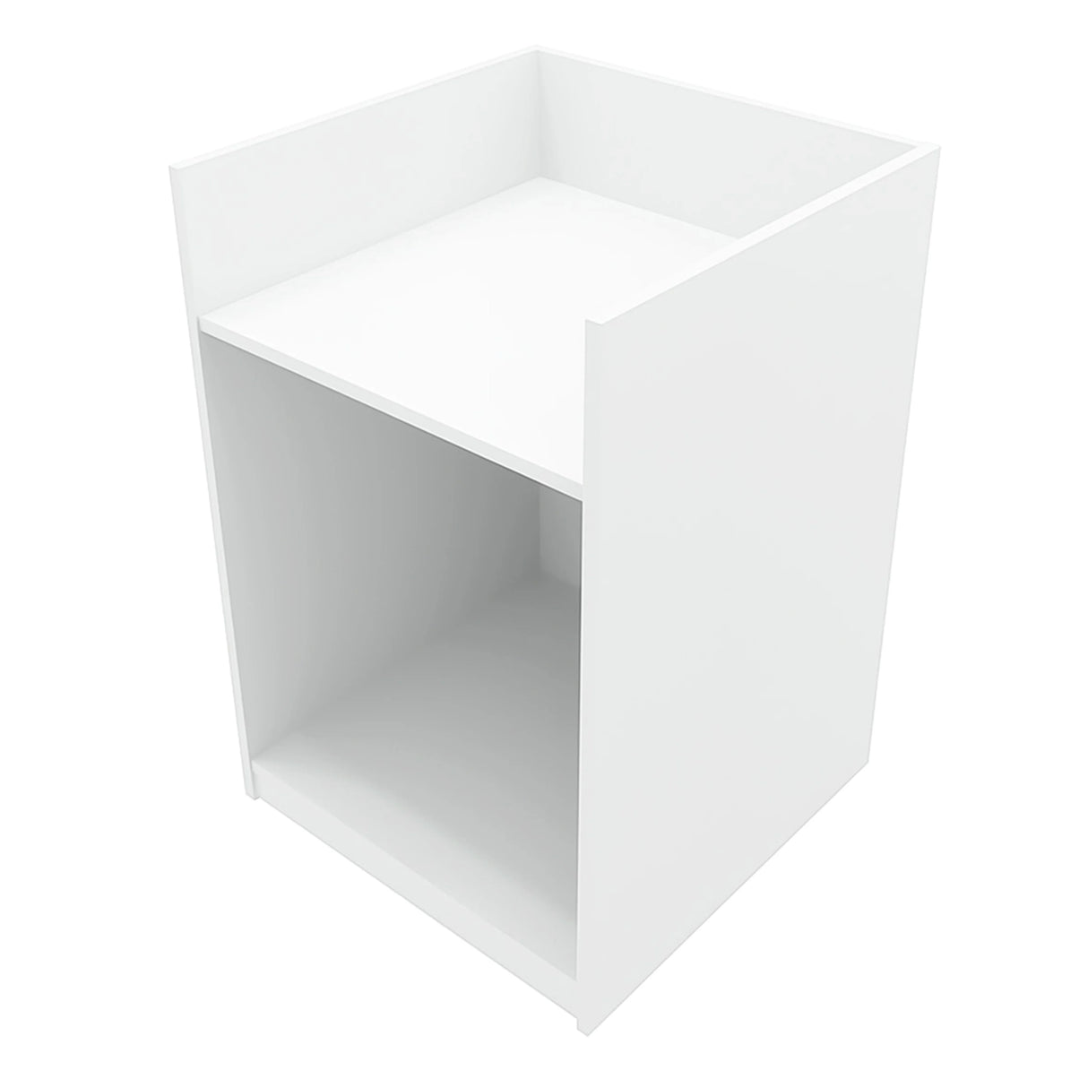 White Hyperion LED shop counter with a sleek design, featuring an open bottom shelf and smooth, modern finish for retail displays